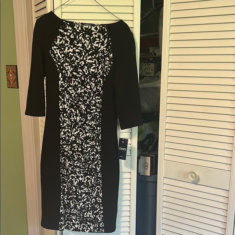 Chaps Black and White Sheath Dress with Raglan Sleeves